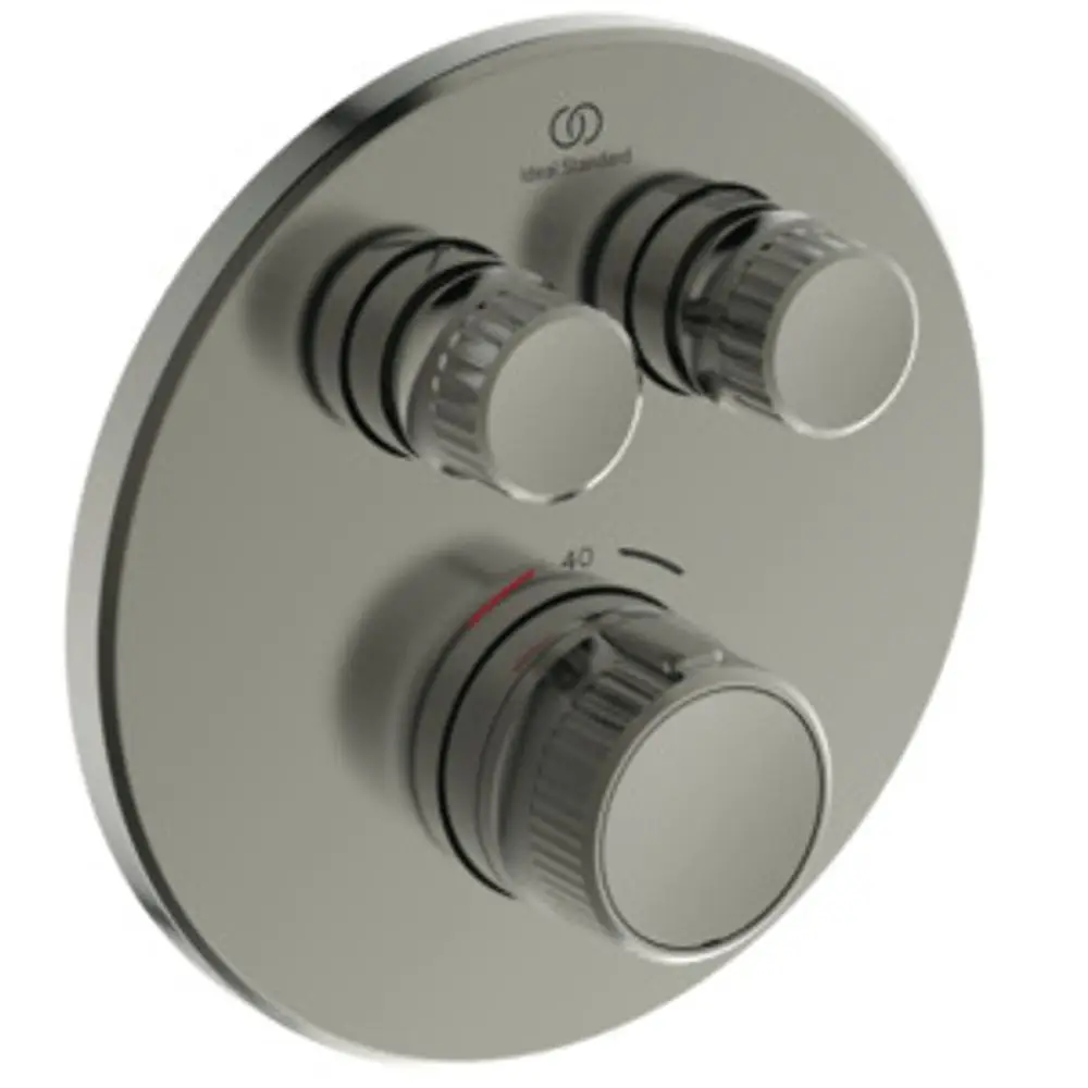 Brausethermostat mit drei Drehreglern und Temperaturanzeige, aus Edelstahl, von Ideal Standard. Runde Form, geeignet für Wandinstallation.